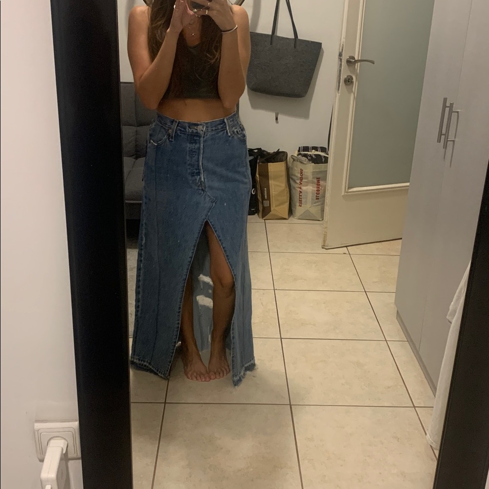 Custom vintage Levi’s denim jean two tone distressed maxi skirt middle slit high - Picture 2 of 10